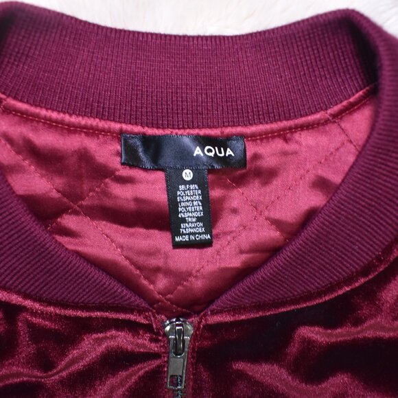 Aqua Burgundy Red Velvet Bomber Jacket Size Medium Full Zip Soft Retro Chic - Picture 9 of 10